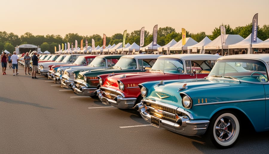 Classic cars parked at an outdoor summer festival with spectators and tents in the background