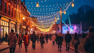 “Evening view of Ottawa’s festival atmosphere with string lights over a market street and a distant outdoor concert stage silhouette.”