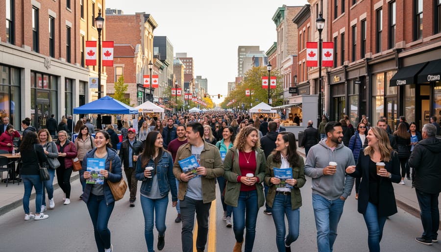 People walking on a warmly lit Ottawa street during an evening event