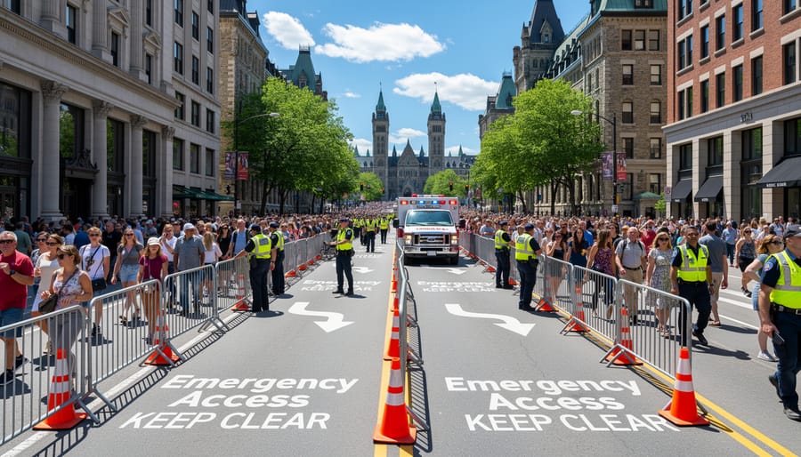 Safety cones, reflective barriers, and an accessible emergency lane near a car show area