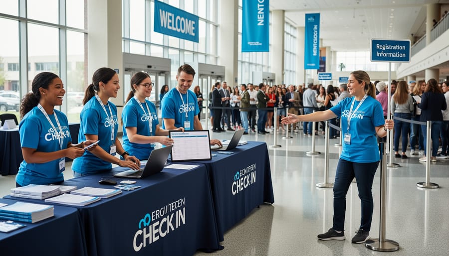Volunteers organizing car show registration with an exhibitor near a table and parked cars behind them