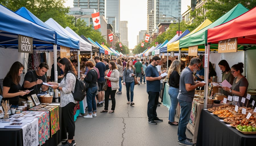 Festival vendors and shoppers at an outdoor market stall in Ottawa with hands exchanging items at a booth