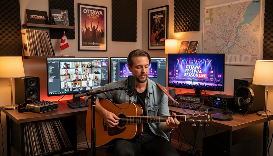 Musician performing in a home studio with a microphone and laptop for a virtual festival performance