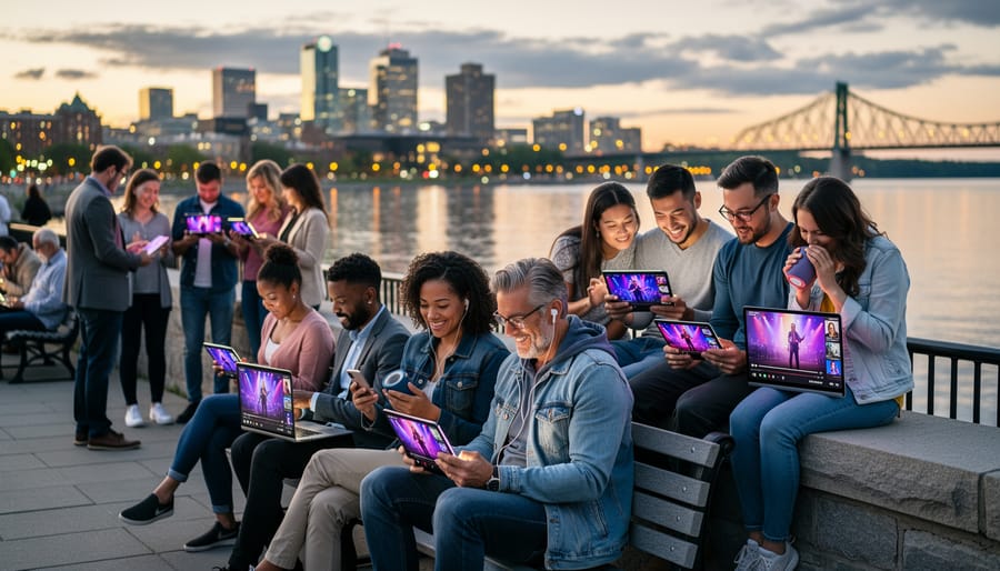 People seated by the Ottawa waterfront at night, streaming a live virtual music performance on glowing tablets and phones